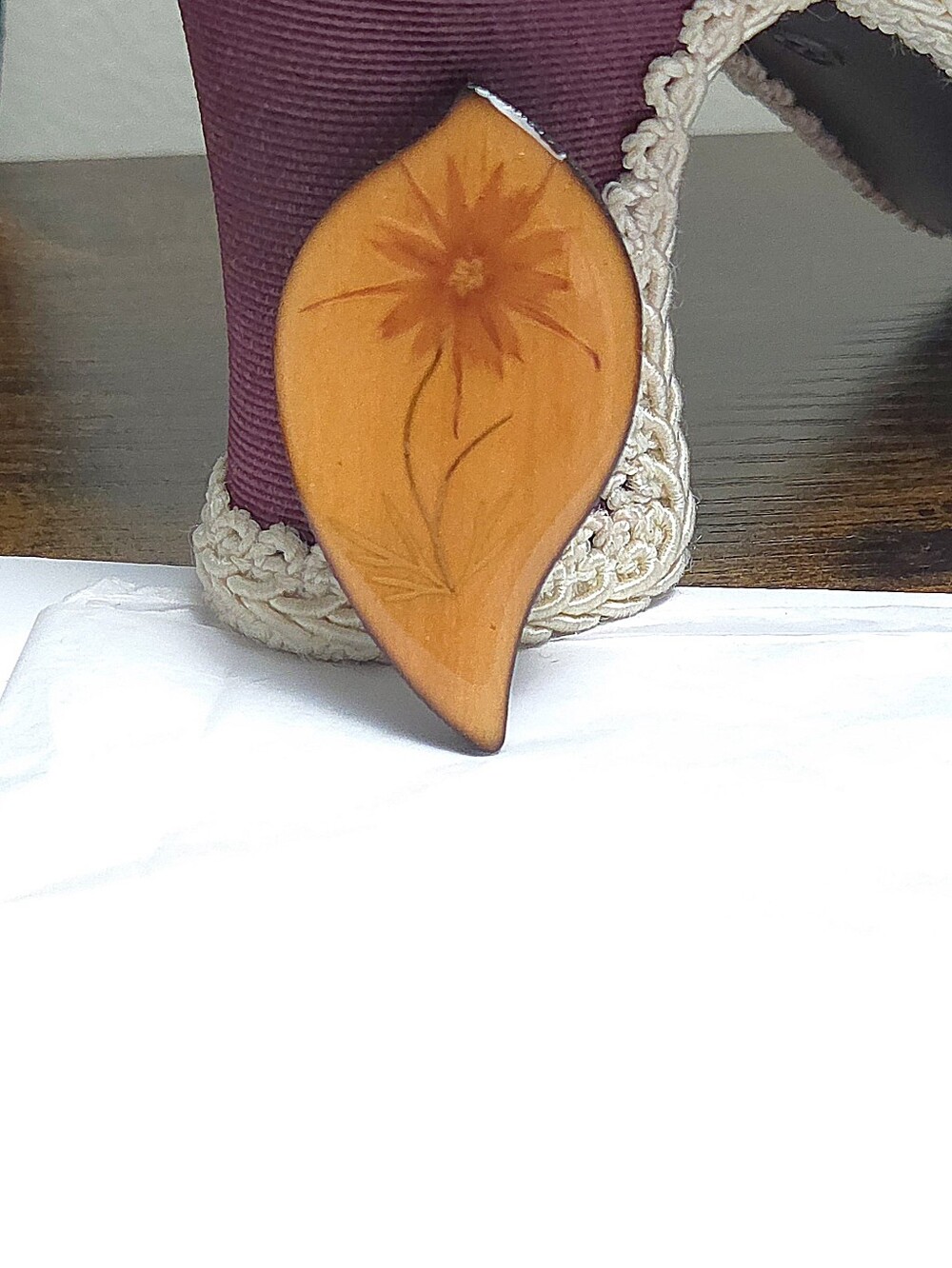 Vintage Handmade Real Pressed Flower Wooden Brooch